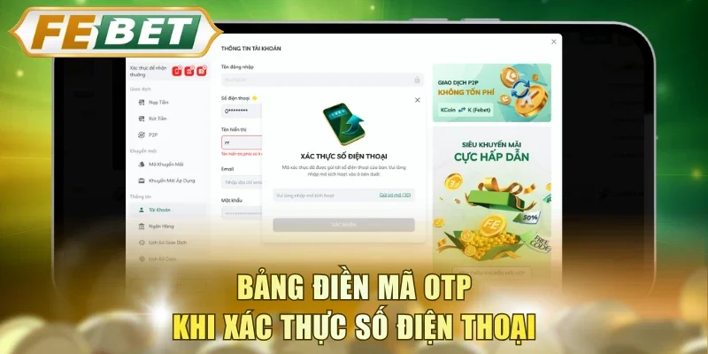 Bảng điền mã OTP khi xác thực số điện thoại